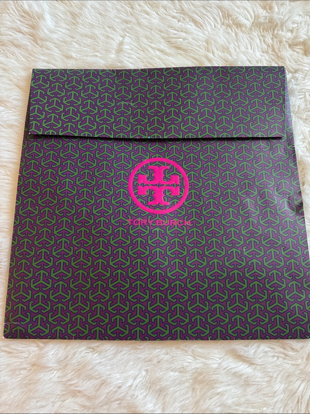 Tory Burch Green and Purple Patterned Envelope Pouch with Pink Logo